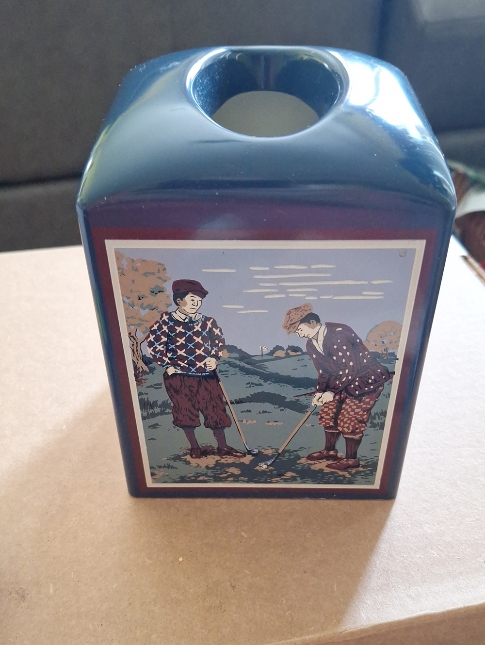 Decorative Ceramic Tissue Box. Golfers Panels - Blue
